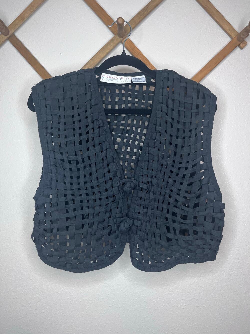 Passports Black Crochet Open Weave Button Front Vest Size M